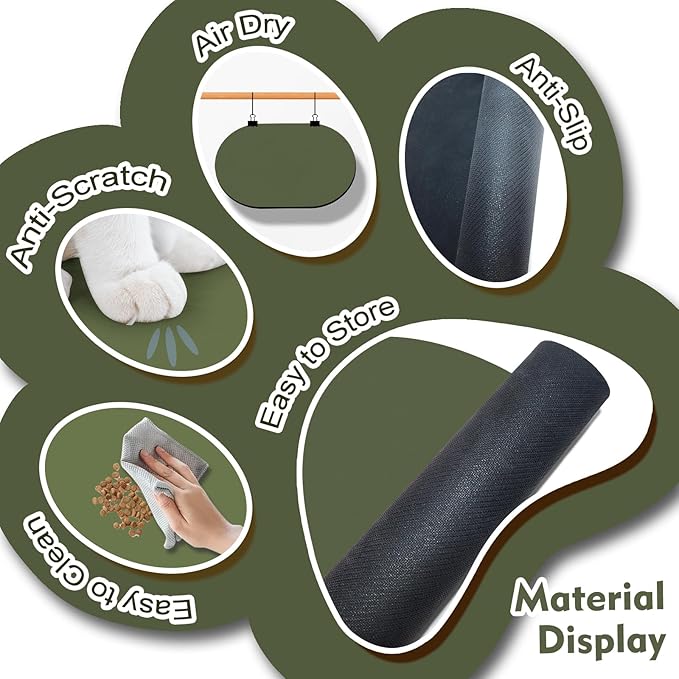 Pet Feeding Mat – 20''x12'' Absorbent Dog Food Mat, Pet Water Mats Protect Floor, No Stains Quick Dry Bowl Mats, Non-Slip Rubber Base Pets Placemats for Food and Water, Dark Green