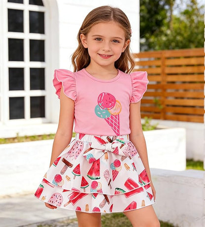 Girls Skirt Set 2 Piece Outfit Toddler Summer Clothes Ruffle Sleeve T-Shirt Bow Knot Tutu Skirt Outfit Set