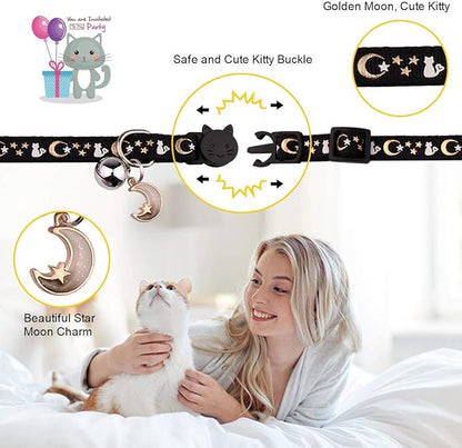 Baeuppit 2PCS Breakaway Cat Collars with Bell Moons Stars Cute Kitty Adjustable Safe Kitten Collars with Pendant Glow in The Dark(Black&Purple)