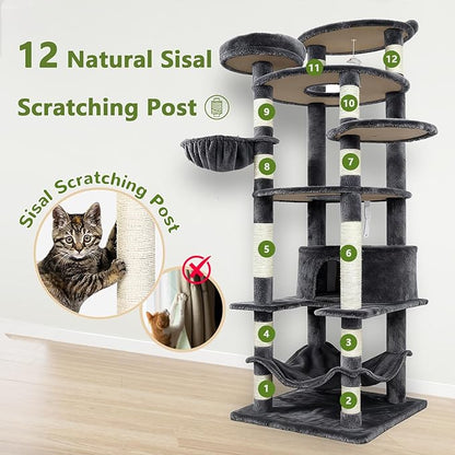 78.8" Large Cat Tree Tower for Indoor Kitties, Multi-Level Furniture Activity Center for Tall Cat Condo with Cozy Perches,Sisal Scratching Posts,Hammock and Basket (78.8 inch Dark Gray)
