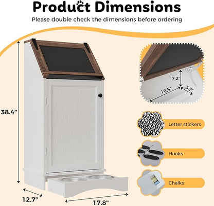 Dog Food Feeding Station with Storage, Pet Food Storage Cabinet with Bowls and Flip-Top Blackboard, Hidden Trash Can, Pet Organizer Cabinet for Dog and Cat, White