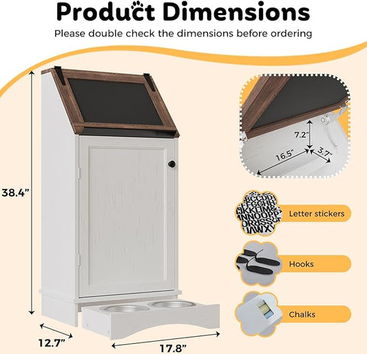 Dog Food Feeding Station with Storage, Pet Food Storage Cabinet with Bowls and Flip-Top Blackboard, Hidden Trash Can, Pet Organizer Cabinet for Dog and Cat, White