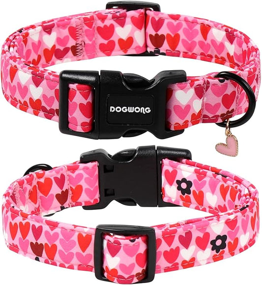 DOGWONG Valentine Dog Collar, Pink Heart Dog Collar, Girl Female Dog Collars with Strong Plastic Buckle for Small Dogs,XS