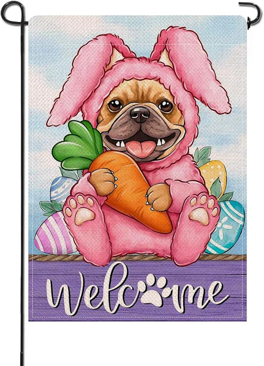 Artofy Welcome Easter Bunny Dog Small Decorative Garden Flag, French Bulldog Rabbit Yard Lawn Outside Decor Pet Lover Gift, Spring Carrot Egg Farm Burlap Outdoor Home Decoration Double Sided 12 x 18