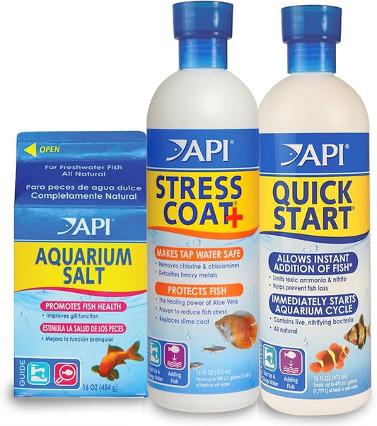 API Aquarium Starter Bundle Pack: One (1) API QUICK START 16 oz., one (1) API STRESS COAT 16 oz., one (1) API AQUARIUM SALT 16 oz.