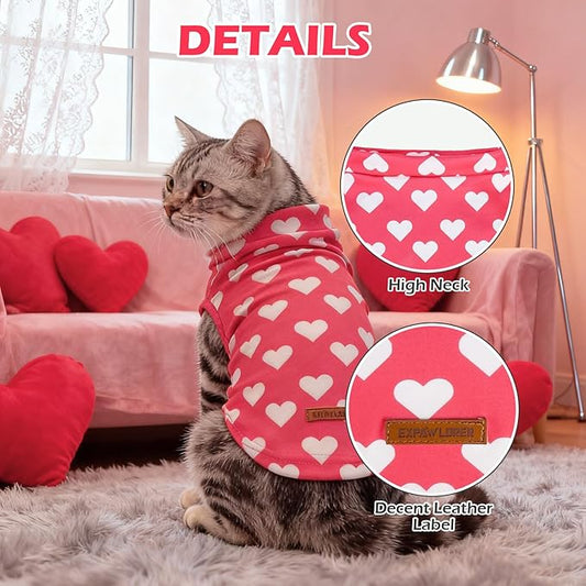 EXPAWLORER Cat Valentines Outfit Sweater - Valentine's Day Sweater for Cats Only Warm Kitten Clothes, Pet Coat Pullover Design, Fleece Sweatshirt Clothing Also for Puppy Small Dogs, Pink Heart S