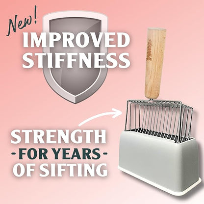 Sprinkle & Sweep Metal Cat Litter Scoop - Heavy Duty Litter Scooper & Speed Sifter with Comfortable Beech Wood Grip - Washable Convenient Stand for Easy and Efficient Cleaning