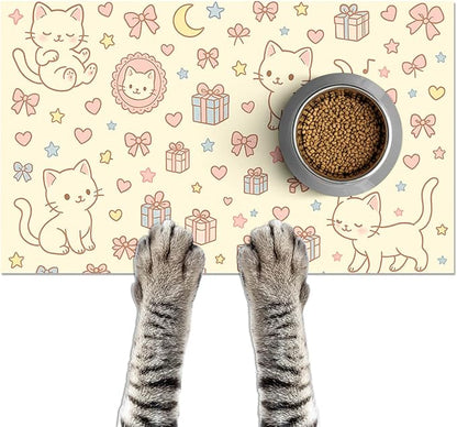 Cute Cat Pet Feeding Mat Adorable Kitten Food Placemat with Gift Bow and Star Print for Dogs and Cats Sweet Non Slip Mat for Dog Cat Food and Water Bowls Home Kitchen Decoration 20" x 12"