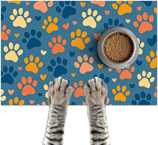 Colorful Dog Paw Print Pet Feeding Mat Spill-Proof Pets Food Mat for Dog Food and Water Bowl Pet Feeding Bowl Mats for Pets Feeding Cute Easy Clean Fast Dry Cats Feedings Pad 24" x 16"