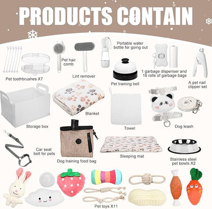 Abbylike 50 Pcs Puppy Supplies Starter Kit for Small Dogs Puppy Essentials Includes Leash, Bowls, Teeth Brushes, Water Bottle, and More Accessories for Dogs Christmas Welcome Gift (White)