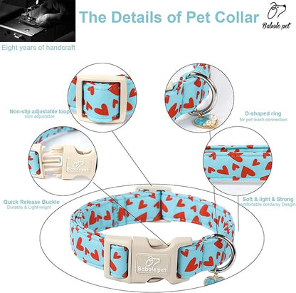 Valentines Dog Collar for Large Dogs - Cute Valentine Blue Dog Collars, Adjustable Puppy Red Hearts Collar with Quick Release Buckle for Boys&Girls Dogs L