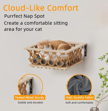 5-in-1 Cat Wall Shelves Set with Hammock, Wall-Mounted Cat Furniture Includes Condo, Bridge, Ladder & Steps for Indoor Cats, Safe & Stable (Gray)