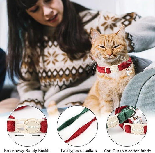 ARING PET 2 Pack Cat Collars-Cute Breakaway Cat Collar with Bell & Pendant, Adjustable Christmas Kitten Collars with Safety Buckle for Girl and Boy Cats