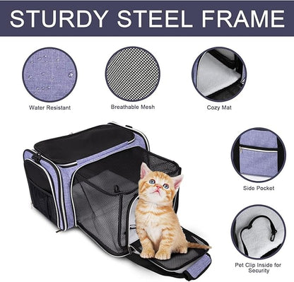 BAGLHER Expandable Cat Carrier with Travel Litter Box, Pet Travel 5 Sides Open Doors 3 Sides, Leak-Proof and Collapsible, for Car, Airplane Trip, Purple