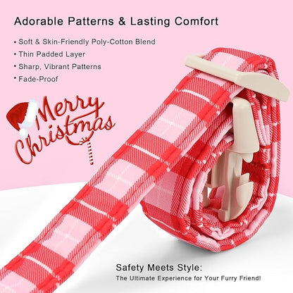 Plaid Dog Collar - Cute Red and Pink Plaid Puppy Collar with Safety Buckle, Soft Adjustable Holiday Dog Collars for Small Medium Large Dogs L