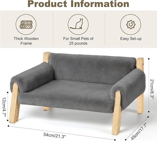 Elevated Cat Couch Bed for Indoor Cats - Wooden Pet Sofa with Removable Washable Thick Cover Raised Kitty Lounge Chair Suitable for Puppy or Small Animals(Cat Sofa Light Grey)