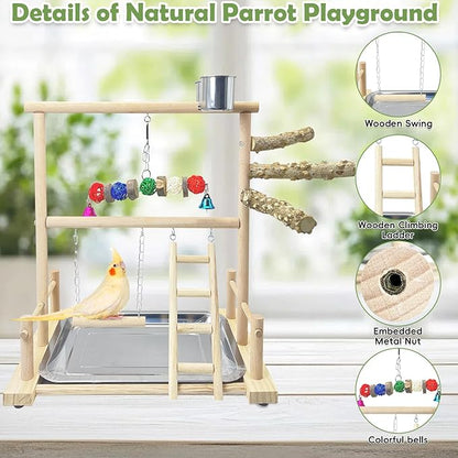 kathson Bird Playground Parrot Perch Stand Toys, Birds Wood Play Gym Activity Center Exercise Playpen Ladder Swing with Feeder Cups Chewing Toy(Include a Tray)