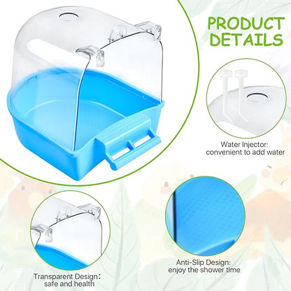 Supkiir 4Pcs Clear Bird Bath for Cage, Parakeet Bath Cage Accessories with Water Injectors, Hanging Bird Bath Box Parrot Bird Bathing Tub for Small Birds Cockatiel Conure Canary Budgies