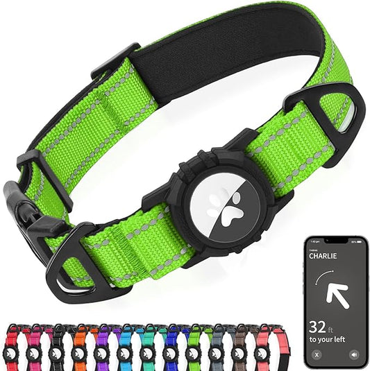 Joytale Airtag Dog Collar, Reflective Pet Collar with Waterproof AirTag Holder, Dual D-Rings, Soft Padded Adjustable for Large Dogs, Green, L