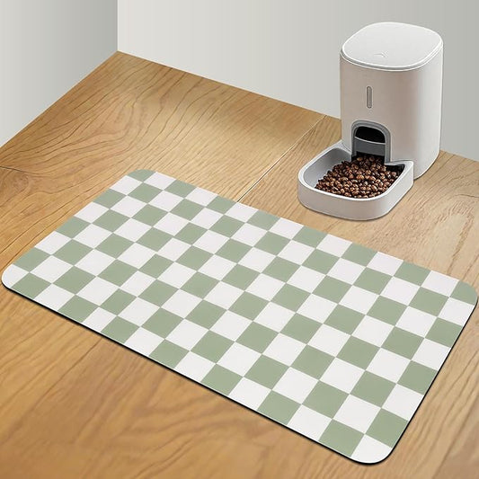 Checkered Dog Food Mat, Absorbent Leak-Proof Pet Feeding Mat, Quick Dry Cat Food Mat for Messy Drinkers 17" x 32" Green