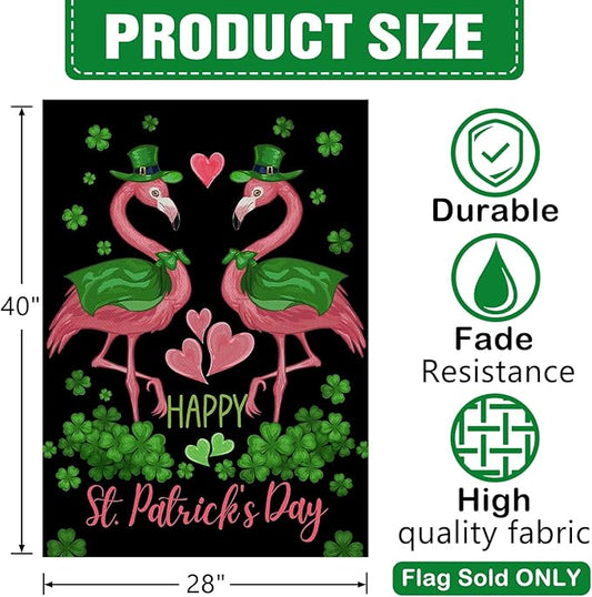 Dyrenson Happy St Patricks Day Flamingo 28 x 40 House Flag Double Sided, Lucky Shamrock Clover Black Garden Yard Decoration, Spring Irish Love Hearts Burlap Outdoor Decor Decorative Large Flag