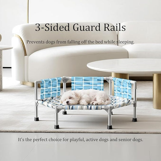 Elevated Dog Bed with Guardrail, Cooling Outdoor Pet Cot with 3-Sided Fence，Raised Dog Cot with 6-Metal Frame (Small)