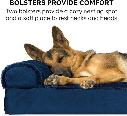 Furhaven Orthopedic Dog Bed for Large/Medium Dogs w/ Removable Bolsters & Washable Cover, For Dogs Up to 55 lbs - Plush & Velvet L Shaped Chaise - Deep Sapphire, Large