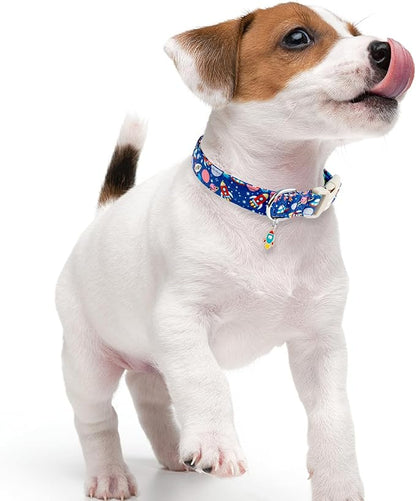 Faygarsle Space Theme Dog Collar, Navy Blue with Rockets and Planets Pattern for Summer Small Medium Large Dogs L