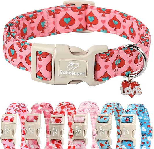 Valentines Dog Collar for Small Dogs - Design Cute Rose Red Valentine Dog Collars Boy Girl Puppy Adjustable Quick Release Buckle Collar with Little Heart Charm XS