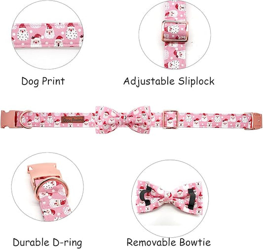 Dog Collar, Christmas Pink Santa Claus Cotton Pet Collar Bow Holiday Girl Boy Cute Puppy Collar Adjustable Pet Collar for Small Dogs