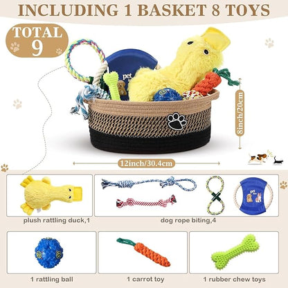 Zopeal Puppy Dog Toy Gift Storage Basket with Dog Toys Set Chew Toys Birthday Gift Basket Teething Interactive Squeaky Duck for Teething Small Medium Large Dogs(Black)