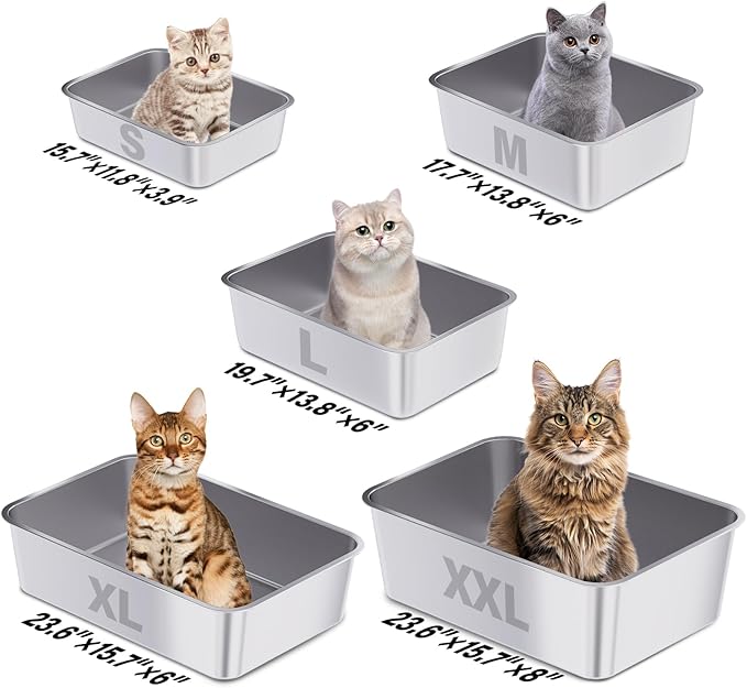 2 Pack Stainless Steel Cat Litter Box, 23.6"x15.8"x8" XXL Stainless Steel Litter Box 8 inch Deep, Extra Large Metal Litterbox for Big Cats, Non Stick Easy Clean Surface, High Sided