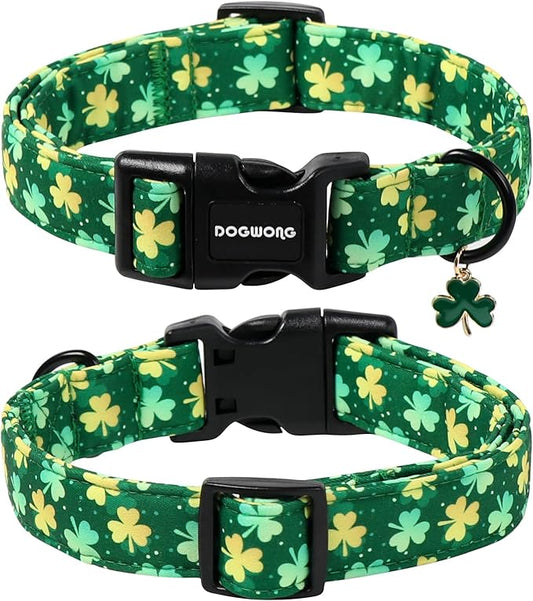 DOGWONG St Patrick's Day Dog Collar-Cute Green Clovers Dog Collars, Adjustable Shamrock Pet Collars Trefoil Puppy Collars with Quick Release Buckle for Girl&Boy Dogs,XS