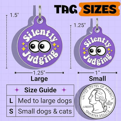 Bad Tags Personalized Dog and Cat ID Tags in 25+ Designs and 2 Sizes - 5 Lines of Custom Engraved Text - Funny Cute Personalized Pet Tags (Silently Judging - Purple, Large (1.25 inch))