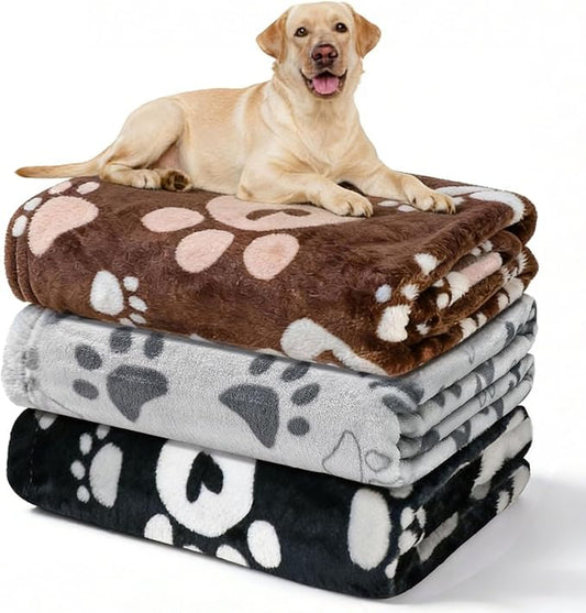 Dog Blankets 3 Pack for Large Medium Pet Cat, Soft Fuzzy Washable Blanket, 41 x 31 inch, Dog Blanket for Dogs Kennels & Beds, Sofas, Furniture, Gifts Puppy Essentials, Black/Brown/Gray