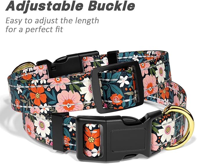 Reflective Dog Collar for Medium Dogs, Cute Flower Theme Adjustable Heavy-Duty Nylon Puppy Collar for Boy and Girl Female, Soft Pet Accessories with Quick Release Buckle, Elegant Floral