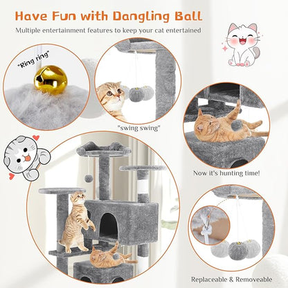 Sweetcrispy 54 Inch Cat Tree Tower, Multi-Level Tower with Cat Scratching Post, Indoor Cat Condo with Climbing Ladder, Plush Toy, Play House for Cat, Light Grey