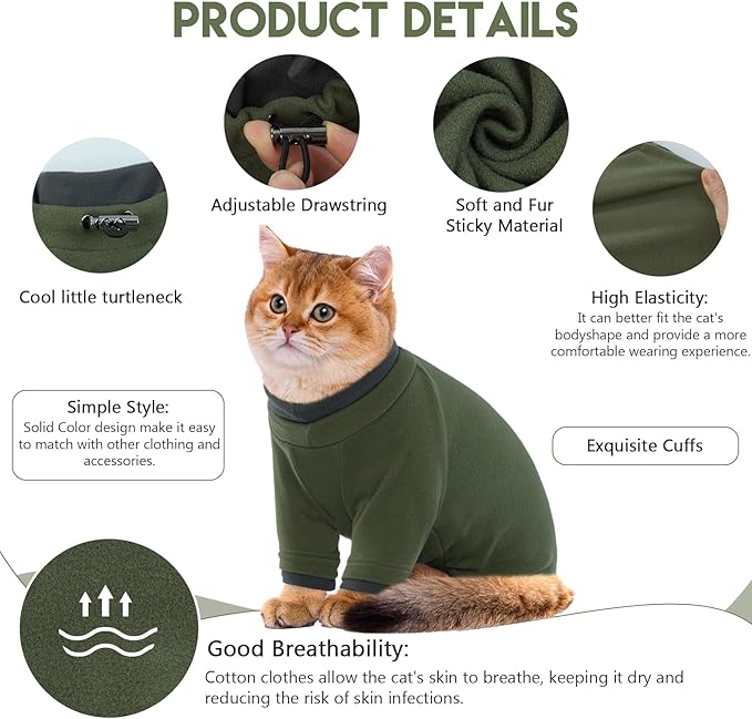 Sticky Cat Clothes Stretchy, Sphynx Hairless Sweater & Pajamas for Cats only, Soft Cat Onesie for Cats After Surgery Female Male & Hair Loss Prevention, Green L
