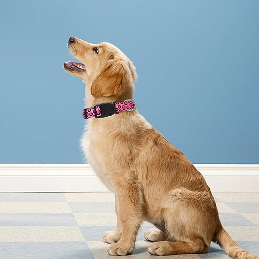 Reflective Dog Collar, Adjustable Soft Neoprene Padded Nylon Pet Collars with Buckle for Puppy and Small Dogs, Cats, Leopard Pink,XL