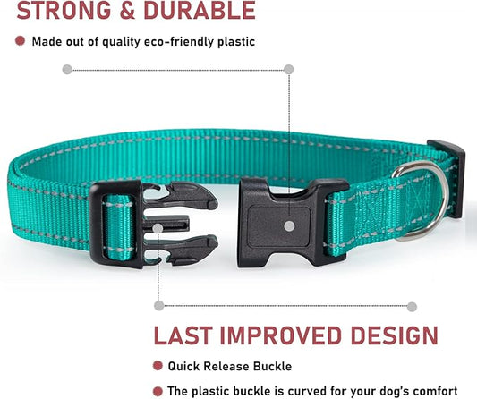 Reflective Dog Collar with Buckle Adjustable Safety Nylon Collars for Small Medium Large Dogs, Teal XS