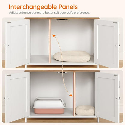 HOOBRO Litter Box Enclosure, Cat Litter Box Furniture with Removable Divider, Hidden Litter Box Furniture, Wooden Cat House, End Side Table, 31" L x 17.5" W x 19.7" H, White and Walnut WH03MW01G2