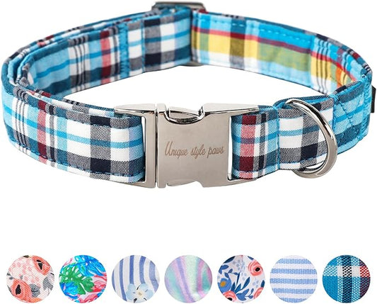 Unique style paws Dog Collar Metal Buckle Blue Plaid Durable Cute Puppy Collar for Small Medium Large Boys Girls Dogs