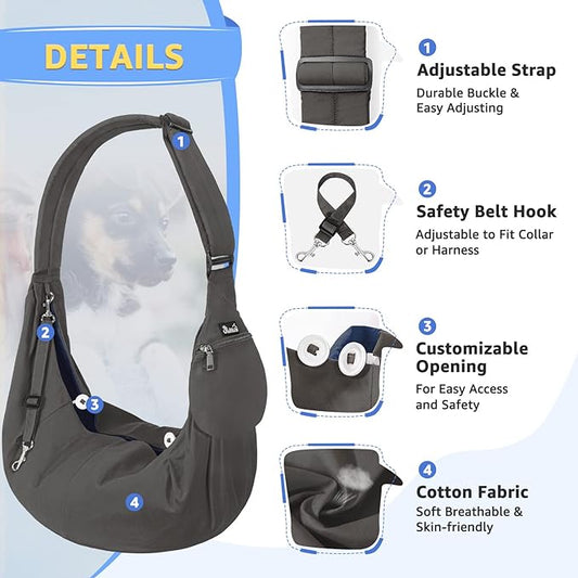 SlowTon Dog Carrier Sling - Thick Padded Shoulder Strap Adjustable Dog Carriers for Small Dogs, Puppy Carrier Purse for Pet Cat with Front Zipper Pocket Safety Belt Machine Washable (Grey L)