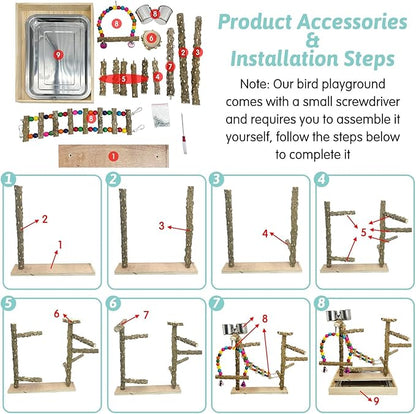 PINVNBY Bird Playground Natural Wood Bird Play Stand with Climb Ladder Swing Tray and Stainless Steel Cups Cage Accessories for Conure Cockatiel Parakeet Lovebird