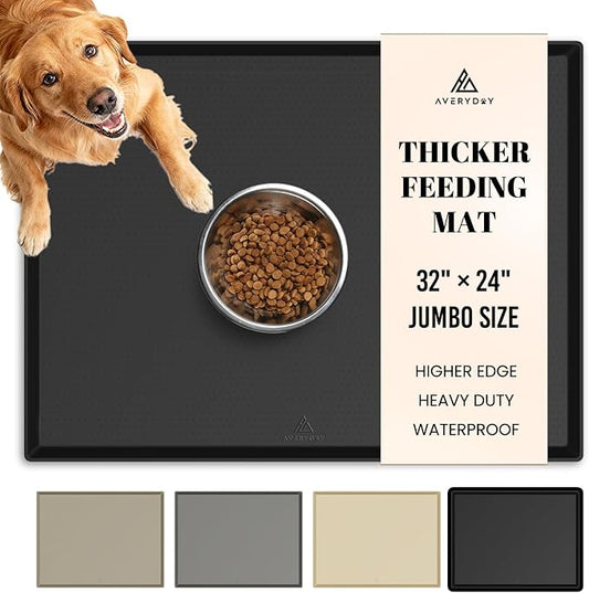 AVERYDAY 100% Waterproof Thicker Silicone Dog Food Mat, 0.63'' Raised Edge Bowl Mat for Food & Water, Non Slip Pet Feeding Placemat for Messy Drinkers, Perfect for Large Medium Small Breeds, 32"x24"