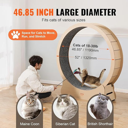 VEVOR Cat Exercise Wheel, 52" Large Cat Treadmill Wheel for Indoor Cats, Running Wheel with Detachable Carpet & Teaser for Running/Walking/Training, Suitable for Most Cats