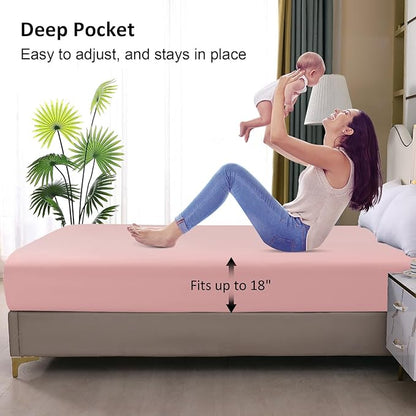 Twin Mattress Protector Waterproof, Fitted Sheet Style Breathable Mattress Cover with Deep Pocket Fits Up to 18'', Noiseless Bed Cover for Kids Adults Pets, Machine Washable (Pink, 39'' X 75'')