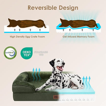 EHEYCIGA Orthopedic Dog Beds for Extra Large Dogs, Waterproof Memory Foam XXL Dog Bed with Sides, Non-Slip Bottom and Egg-Crate Foam Big Pet Couch Bed with Washable Removable Cover, Dark Green