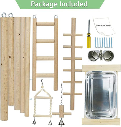 Parrot Playstand Bird Playground Birdcage Wood Perch Stand Ladder Swing with with Feeder Cups Birds Play Gym Cockatiel Playground Include Hanging Bell Swing Ladders
