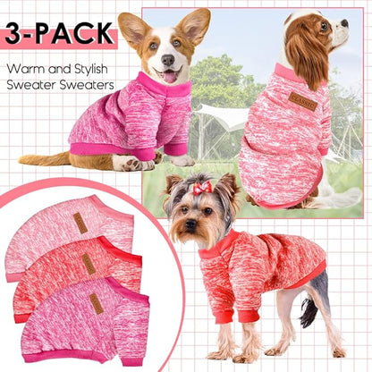 3 Pack Dog Sweaters for Small Dogs Girl Boy Winter Fleece Clothes Warm Soft Dog Sweatshirt Outfit for Dogs Cats Pet Apparel (Rose+Red+Pink, Medium)